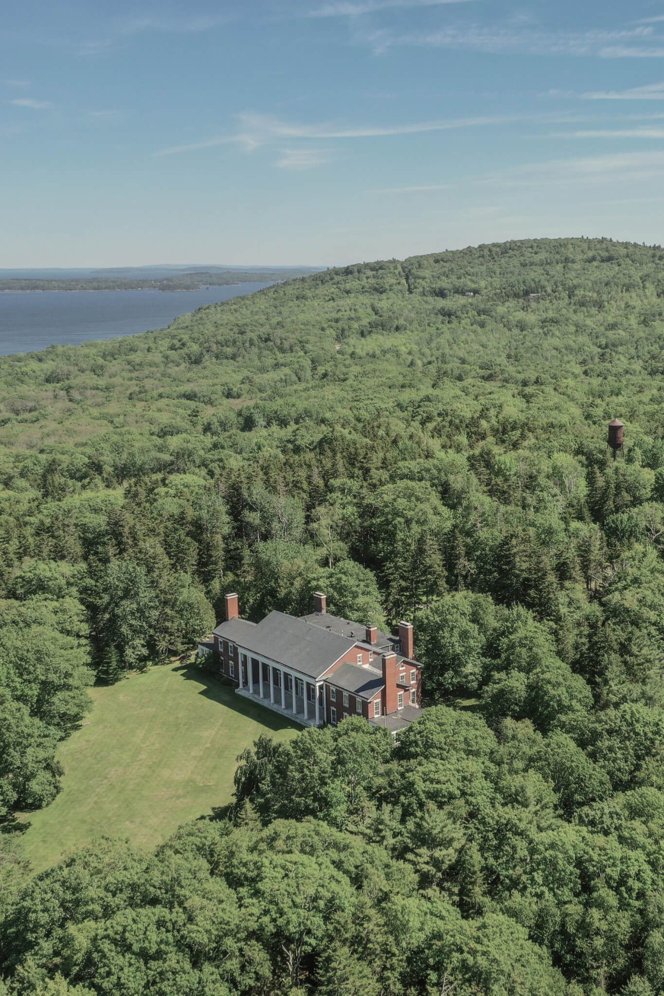 Aerial view of Oak Hall in summer